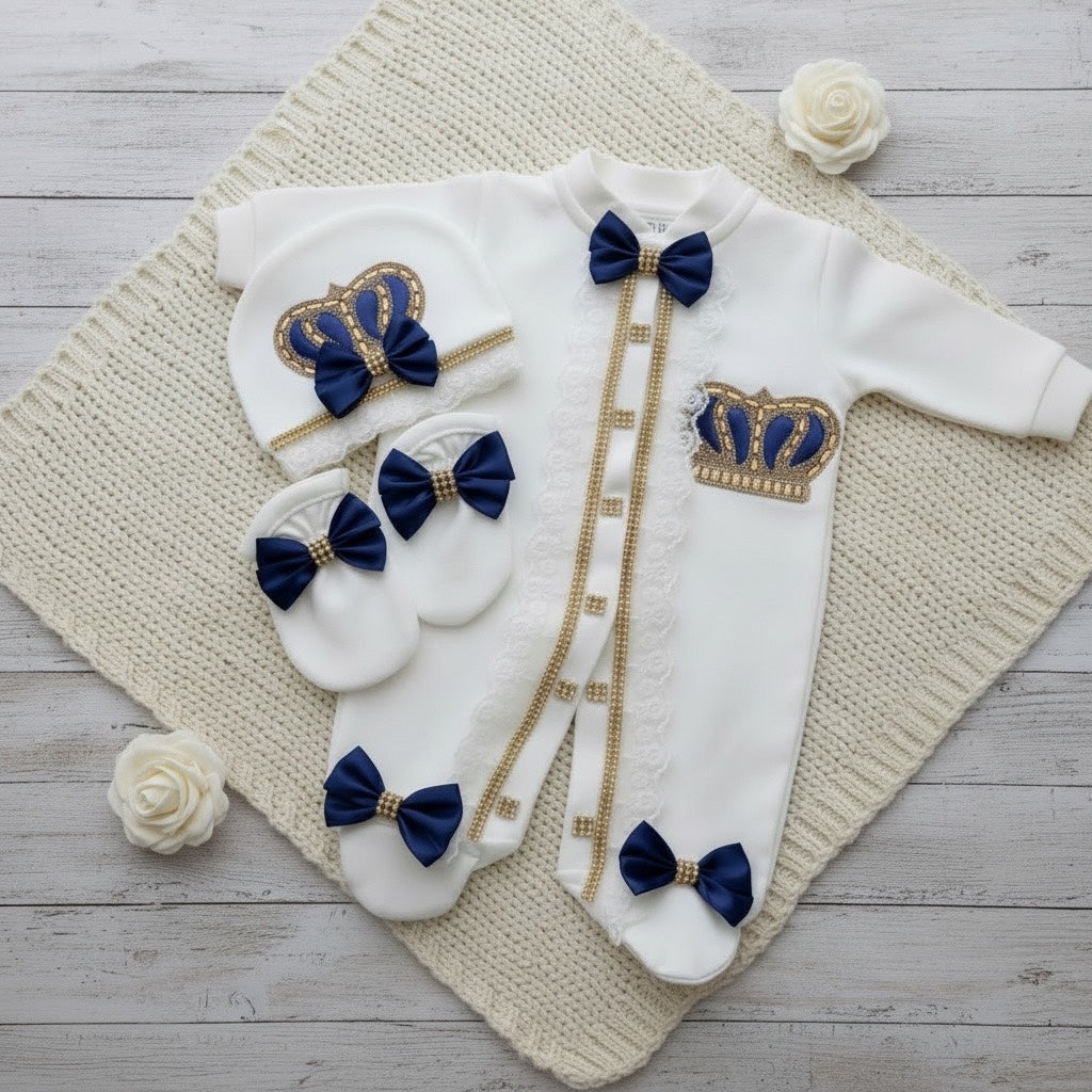 Luxury white baby romper set with navy blue bows and gold crown embroidery, perfect for newborns