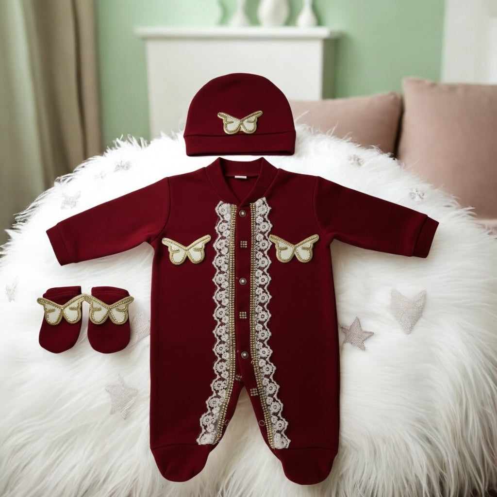 Butterfly Jewel Wings Romper Maroon